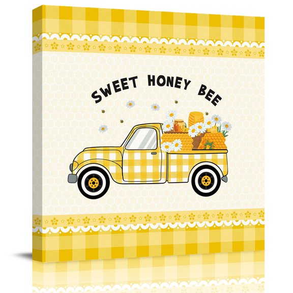 Wall Art Prints, Yellow Truck Framed Canvas Prints for Bedroom Living Room Bathroom Office, Spring Bees Daisy Car Star Buffalo Plaid Lines Gallery Wrap Wall Art Poster for Gifts Home Decor 8"x8"