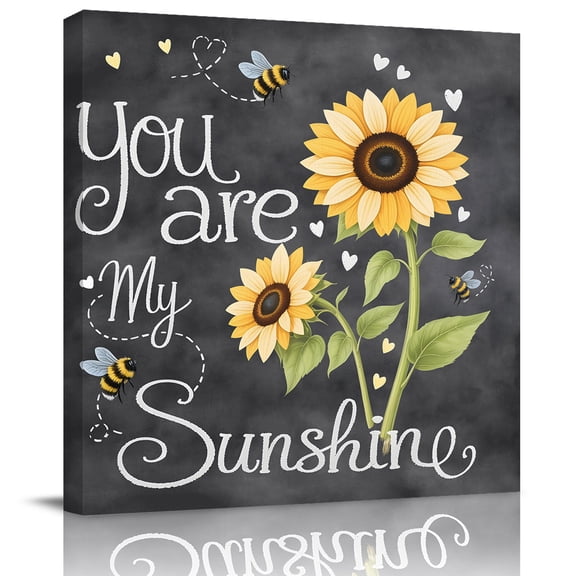 Wall Art Prints, You Are My Sunshine Framed Canvas Prints for Bedroom Living Room Bathroom, Yellow Sunflowers Cute Bees Heart Dark Gray Gallery Wrap Wall Art Poster for Gifts Home Decor 20"x20"