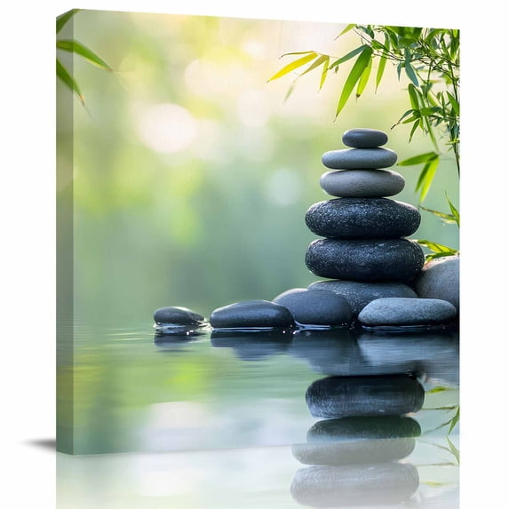 Wall Art Prints, Zen Stones Framed Canvas Prints for Bedroom Living Room Bathroom Office, Nature Water Reflection Country Botanical Gallery Wrap Wall Art Poster for Gifts Home Decor 24"x24"