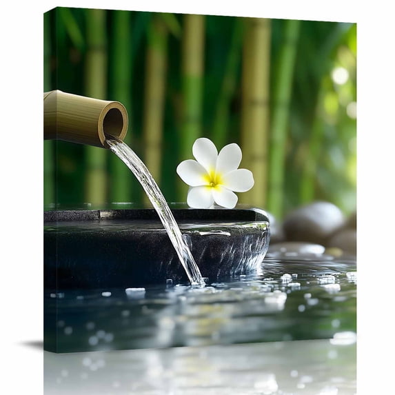 Wall Art Prints, Zen Stones Water Flowing Framed Canvas Prints for Bedroom Living Room Bathroom Office, Floral Green Forest Gallery Wrap Wall Art Poster for Gifts Home Decor 28"x28"