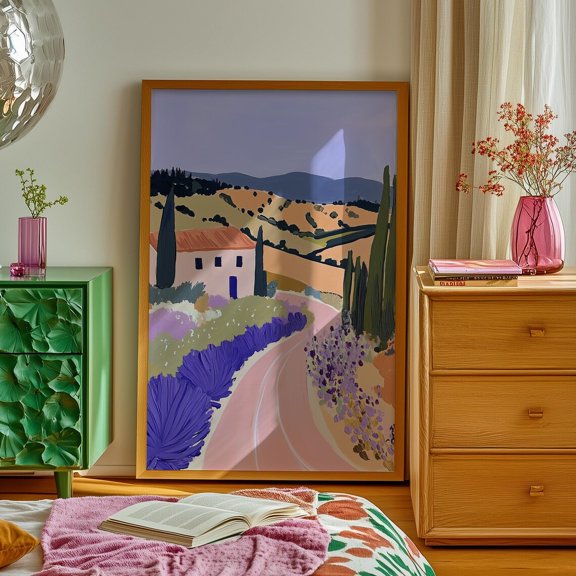 Wall Art, Provence Landscape With Lavender Fields, French Countryside Print, Cottagecore Decor, Boho Bedroom Wall Art, Pastel Mountain Scene Wall Art, Modern Wall Decor For Living Room, 8x12 UNFRAMED