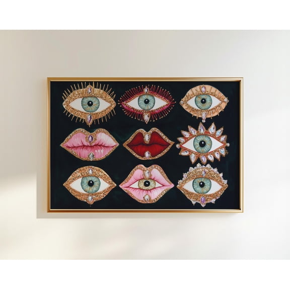 Wall Art, Psychedelic Eye Lips Print, Gothic Glam Decor, Maximalist Aesthetic, Gold Jewel Artwork, Eclectic Bedroom Poster, Dopamine Decor, 8x12 UNFRAMED