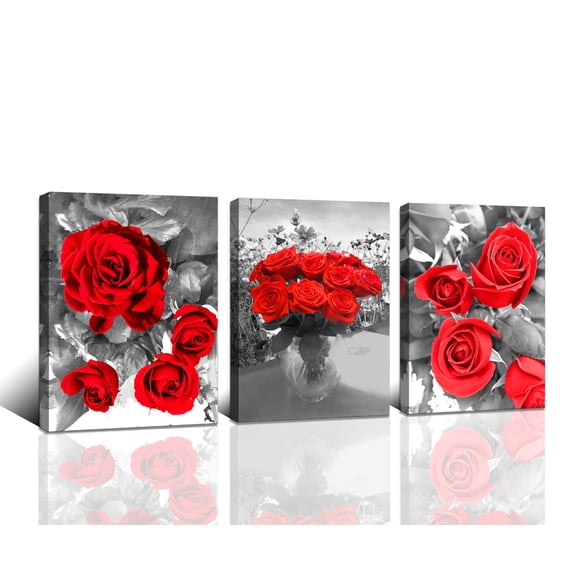 Wall Art Red Flowers Framed Canvas Painting for Home Decorations Wall Decor 12"x16"x3 Panels