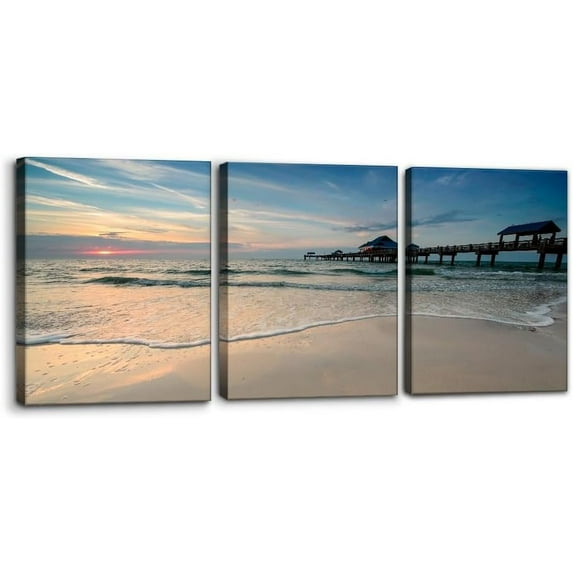 Wall Art Set of 3 - Sunset Near Pier 60 on a Clearwater Beach Florida - Perfect for Modern Home Decor - Ideal Wall Decor for Living Room Bedroom Bathroom and Office (12"x16"x3)