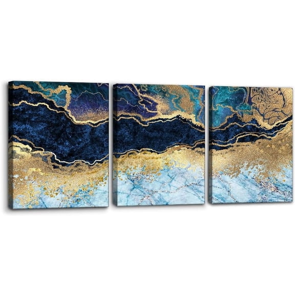 Wall Art Set of 3 - Teal Gold Blue and White Marble Landscape Abstract Shapes - Perfect for Modern Home Decor - Ideal Wall Decor for Living Room Bedroom Bathroom and Office (12"x16"x3)
