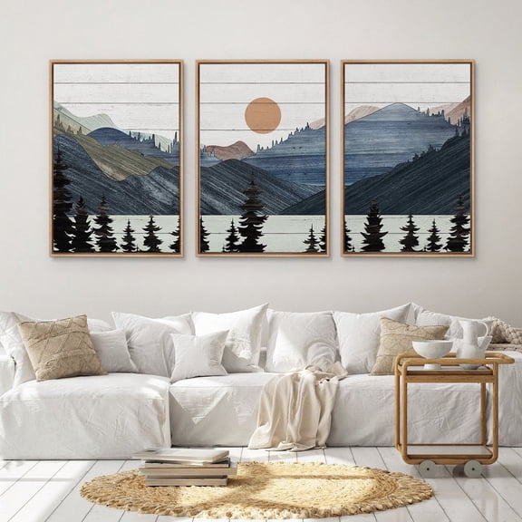 Wall Art Set Of 3 Wood Panel Blue Mountain Pine Forest Landscape Print Rustic Art Modern Farmhouse Wall Decor Set 3 Prints, Poster Only