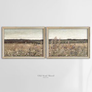 Wall Art Set of 2 Neutral Landscape, Wildflower Landscape Painting set of Two, Antique Horizontal 2 Pieces Wall Art, Split Panel , Poster Only