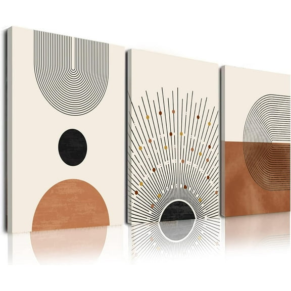 Wall Art Set of 3, Mid-Century Modern, Neutral Geometric Line Sun, Framed Abstract Boho Art Prints, Bathroom Bedroom Living Room Office Decor