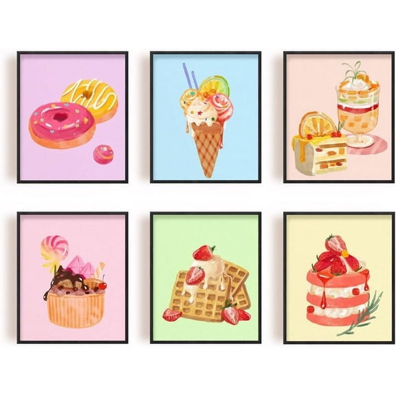Wall Art Set of 6 Unframed Canvas Prints Dessert Poster Ice Cream Cake Pink Modern Art Girls Bedroom Decor 20x25cm diy
