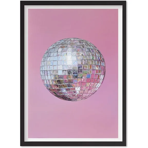 Wall Art, Silver Disco Ball Maximalist Painting, Bright Pastel Pink Girly Poster, Matte Canvas Stretched, Posters for Room Bedroom Living Room Bathroom Wall Decor, Posters & Art Prints, Gift.