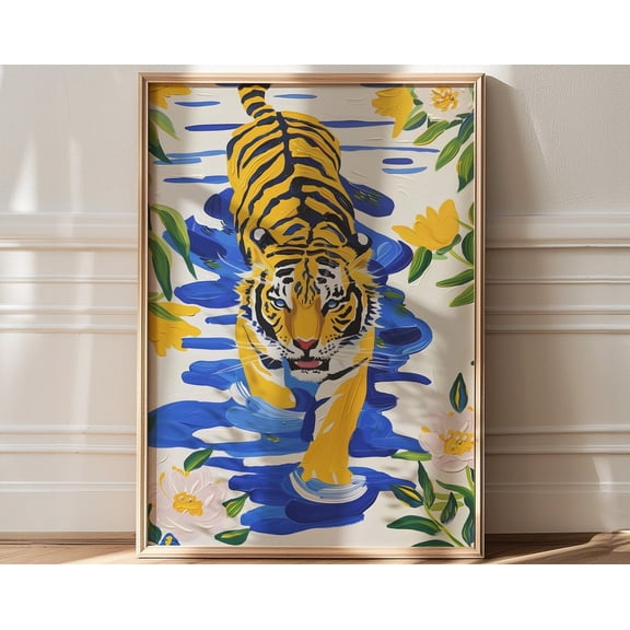 Wall Art, Tiger Poster, Maximalist Bathroom Decor, Colorful Tiger Drawing, Danish Pastel Floral Print, Trendy Art, Colorful Wall Art, 16x24 UNFRAMED