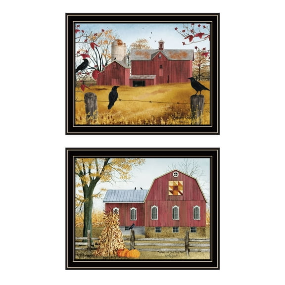 Wall Art Trendy Decor 4U 2- Piece Vignette Autumn Red Barns Black Framed Wall Art for Living Room, Farmhouse Wall Art Print for Home Decor, Bedroom Wall Art by Billy Jacobs,Wall Decals
