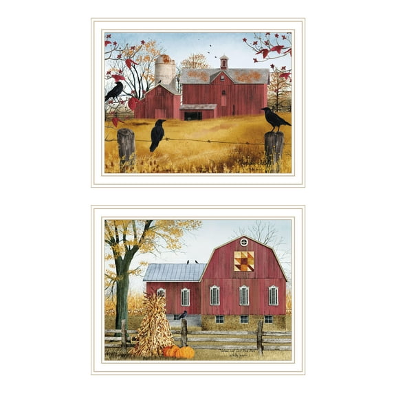 Wall Art Trendy Decor 4U 2- Piece Vignette Autumn Red Barns White Framed Wall Art for Living Room, Farmhouse Wall Art Print for Home Decor, Bedroom Wall Art by Billy Jacobs,Wall Decals