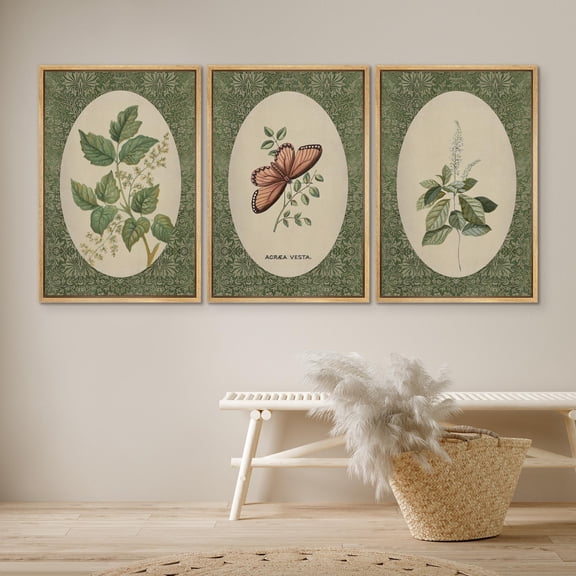 Wall Art Vintage Botanical and Butterfly Prints Green Leaf and Insect Rustic Nature Artworks Farmhouse Decor Set 3