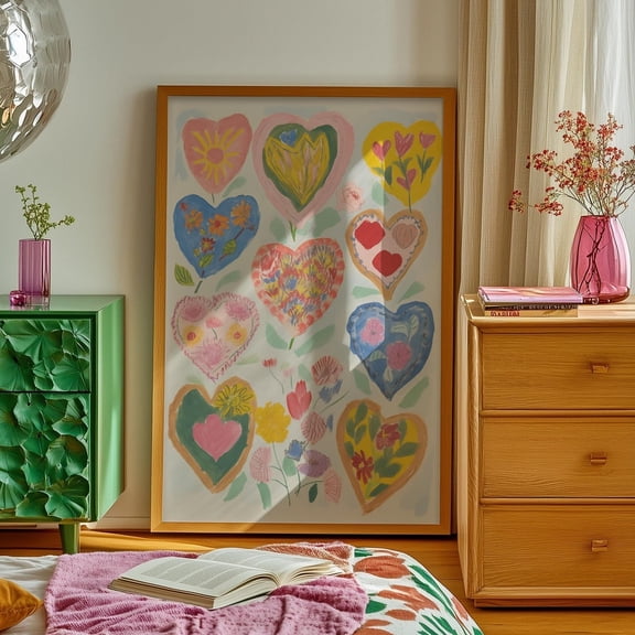 Wall Art, Vintage Heart Print, Colorful Floral Boho Decor, Maximalist Aesthetic, Dopamine Decor, Vibrant Bedroom Art, Cottagecore Heart Art Wall Art, Modern Wall Decor For Living Room, 8x12 UNFRAMED