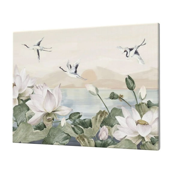 Wall Art White Lotus Floral And Crane Birds Picture Canvas Wall Art Print Paintings Modern Artwork For Living Room Wall Decor And Home Décor Framed Ready To Hang-12×16 In