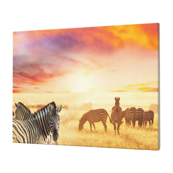 Wall Art Zebras Grazing In Grassland Picture Canvas Wall Art Print Paintings Modern Artwork For Living Room Wall Decor And Home Décor Framed Ready To Hang-12×16 In