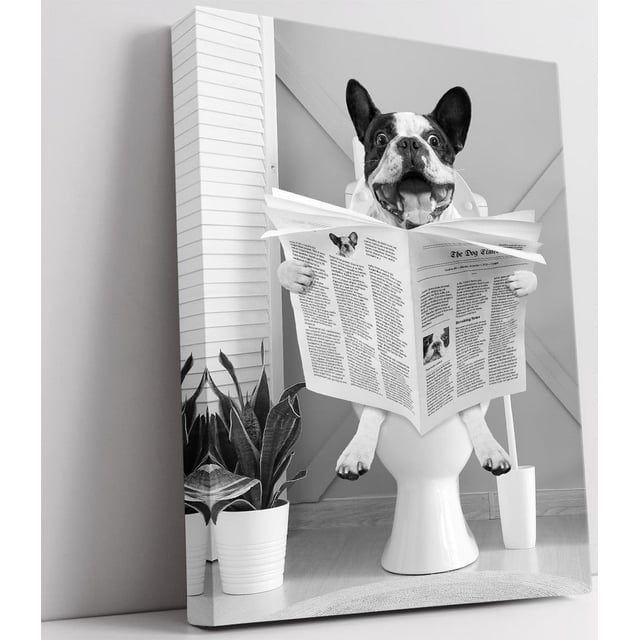 Wall Art for Bathroom Animal Dog on Toilet Wall Decor Canvas Print Picture Black White Artwork