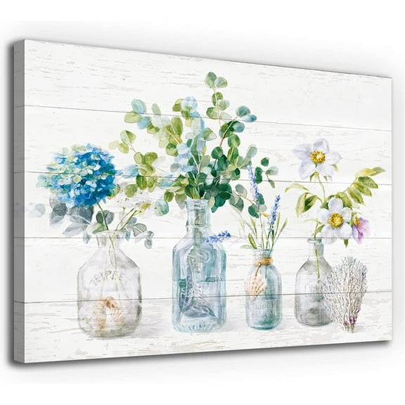 Wall Art for Living Room Blue and White Hydrangea Flower Canvas Paintings Framed Floral Pictures for Bathroom Bedroom and Kitchen Decoration 12"x16"