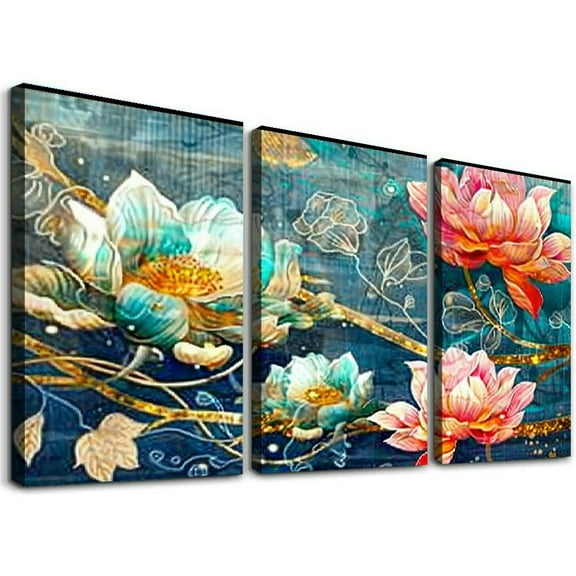 Wall Art for Living Room, Floral Canvas Wall Decor for Bedroom, Teal Print Painting, Colorful Artwork for Home, Aesthetic Picture Decoration