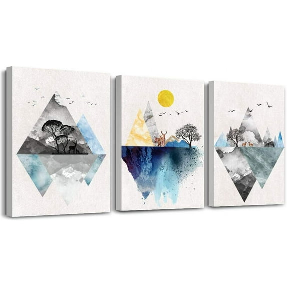 Wall Art for living room Canvas Prints Artwork bathroom Wall Decor Abstract Mountain geometric Picture Watercolor painting 3 Pieces Framed bedroom wall decorations Fashion Office Home decoration