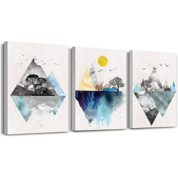 Wall Art for living room Canvas Prints Artwork bathroom Wall Decor Abstract Mountain geometric Picture Watercolor painting 3 Pieces Framed bedroom wall decorations Fashion Office Home decoration