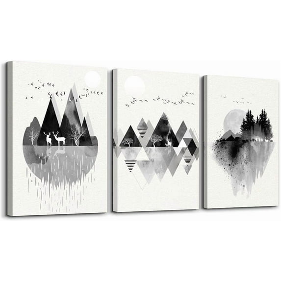 Wall Art for living room Canvas Prints Artwork bathroom Wall Decor Black and white Abstract Mountain geometric and animal Watercolor painting 3 Pieces Framed bedroom wall decorations Office Home Decor