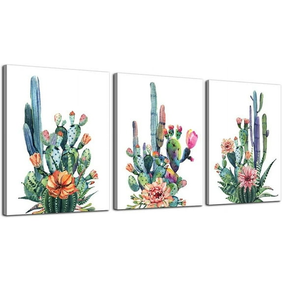 Wall Art for living room Canvas Prints Artwork bathroom Wall Decor Simple Life Green plants cactus Picture Watercolor painting 3 Pieces Framed bedroom wall decorations Office Works Home Decoration