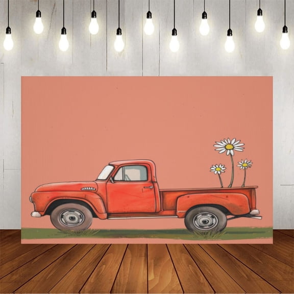 Wall Background Festival Party Decoration Activity Photo Booth Backdrop Props Hand Drawing Truck Daisies 6.5x6.5 ft