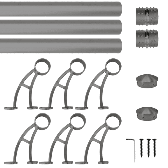 Wall Bar Mount Foot Rail Kit, Dark Gray Finish Stainless Steel Tubing w/Internal Connector, Bar Foot Rail Brackets, Tapered End Cap, 19 ft = 76 in x 3