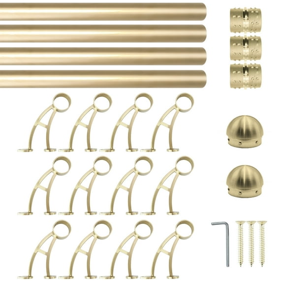 Wall Bar Mount Foot Rail Kit, Satin Golden Finish Stainless Steel Tubing w/Internal Connector, Bar Foot Rail Brackets, Domed End Cap, 28 ft = 84 in x 4