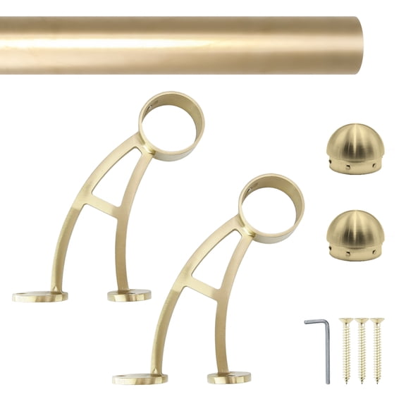 Wall Bar Mount Foot Rail Kit, Satin Golden Finish Stainless Steel Tubing w/Internal Connector, Bar Foot Rail Brackets, Domed End Cap, 4 ft = 48 in x 1