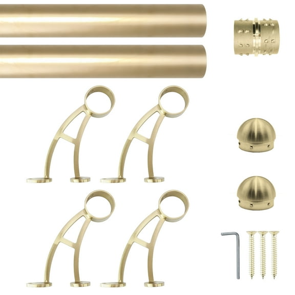 Wall Bar Mount Foot Rail Kit, Satin Golden Finish Stainless Steel Tubing w/Internal Connector, Bar Foot Rail Brackets, Flat End Cap, 10 ft = 60 in x 2
