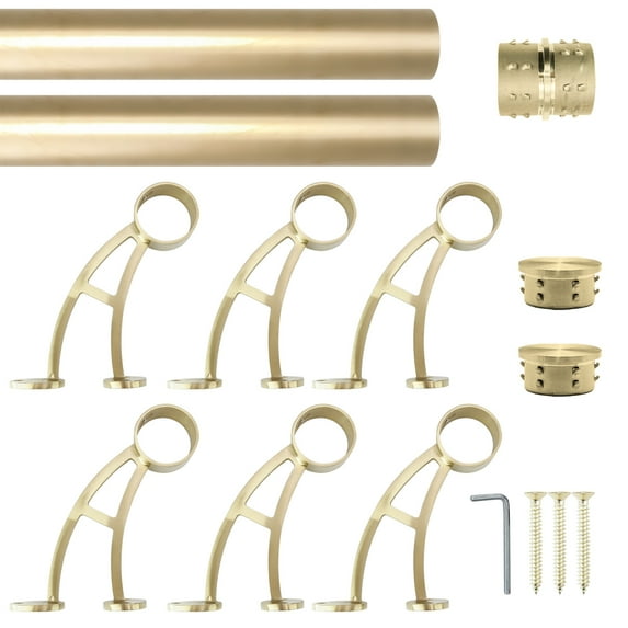 Wall Bar Mount Foot Rail Kit, Satin Golden Finish Stainless Steel Tubing w/Internal Connector, Bar Foot Rail Brackets, Flat End Cap, 15 ft = 90 in x 2