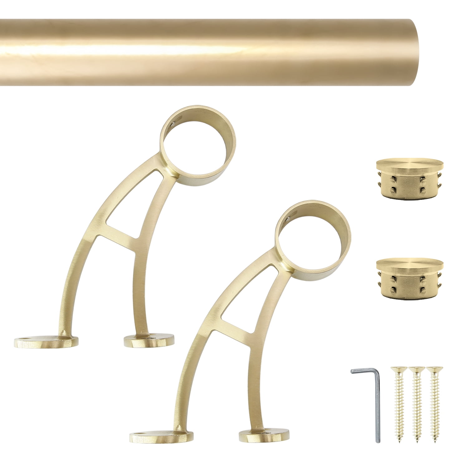 Wall Bar Mount Foot Rail Kit, Satin Golden Finish Stainless Steel Tubing w/Internal Connector, Bar Foot Rail Brackets, Flat End Cap, 2 ft = 24 in x 1
