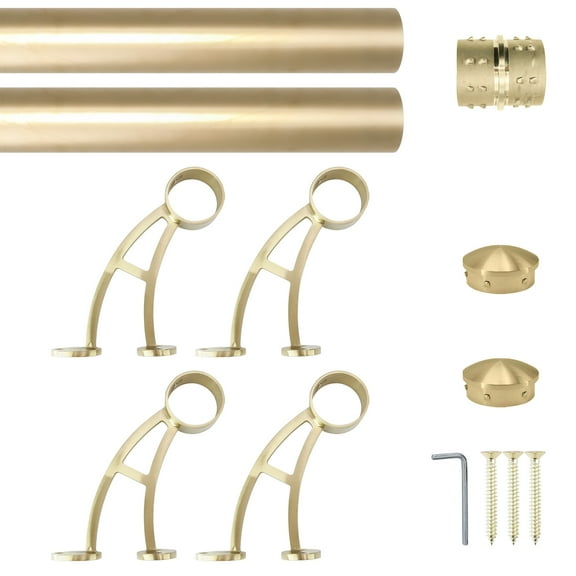 Wall Bar Mount Foot Rail Kit, Satin Golden Finish Stainless Steel Tubing w/Internal Connector, Bar Foot Rail Brackets, Tapered End Cap, 10 ft = 60 in x 2