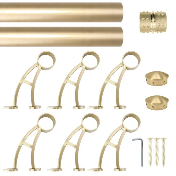 Wall Bar Mount Foot Rail Kit, Satin Golden Finish Stainless Steel Tubing w/Internal Connector, Bar Foot Rail Brackets, Tapered End Cap, 14 ft = 84 in x 2