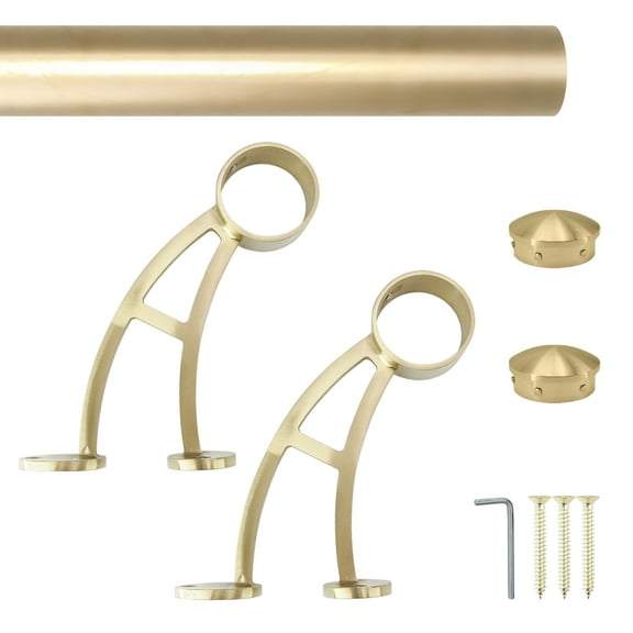 Wall Bar Mount Foot Rail Kit, Satin Golden Finish Stainless Steel Tubing w/Internal Connector, Bar Foot Rail Brackets, Tapered End Cap, 5 ft = 60 in x 1