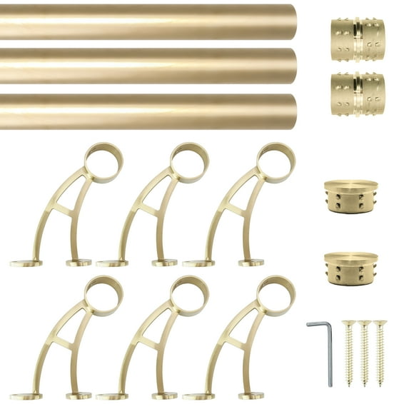 Wall Bar Mount Foot Rail Kit, Satin Golden Finish Stainless Steel Tubing w/Internal Connector, Bar Foot Rail Brackets, Flat End Cap, 17 ft = 68 in x 3