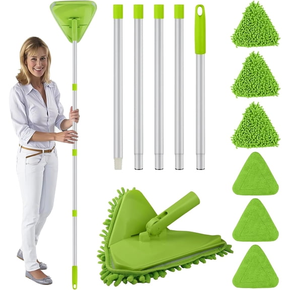 Wall & Baseboard Cleaner Mop Tool with 82'' Long Handle, 360 Degree Rotating 3-in-1 Ceiling Cleaning Duster for Painted Walls, Window, Floor, 6 Replacement Microfiber Chenille Pads