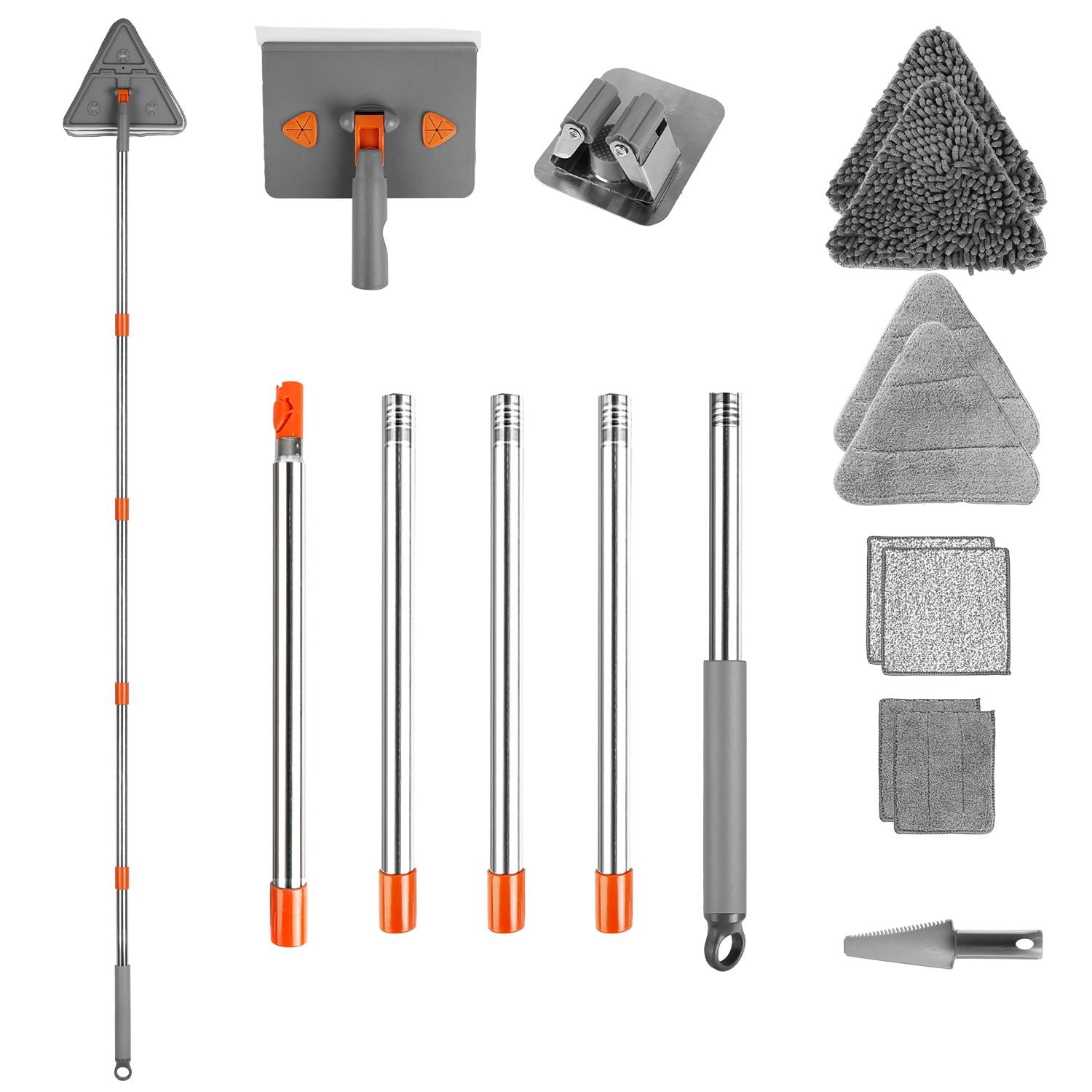 Wall & Baseboard Cleaning Mop with 8 Reusable Pads, 5-Section Extendable Stainless Steel Handle, 90° Flip Design, Hanging Holder for Home Cleaning