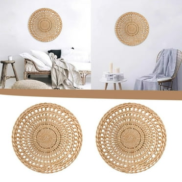 Wall Basket Decor Boho Wall Hanging Decor Rattan Wall Decor Flat Round Wicker Woven Macrame Tapestry Wall Basket Serving Tray Art Handmade Set For Room Bedroom Living Room