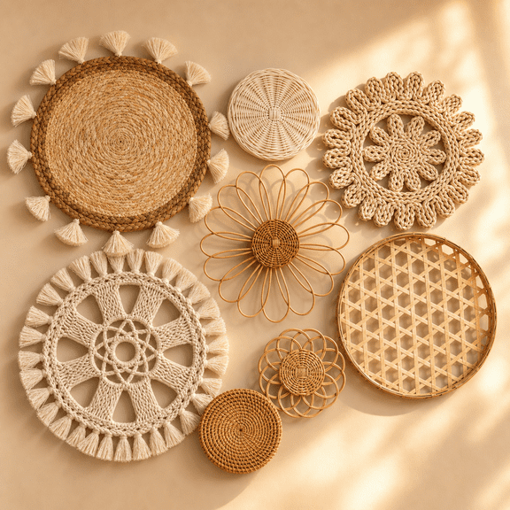 Wall Basket Decor Set Of 8 White Neutral Style 4 Flat Woven Rattan Seagrass Boho