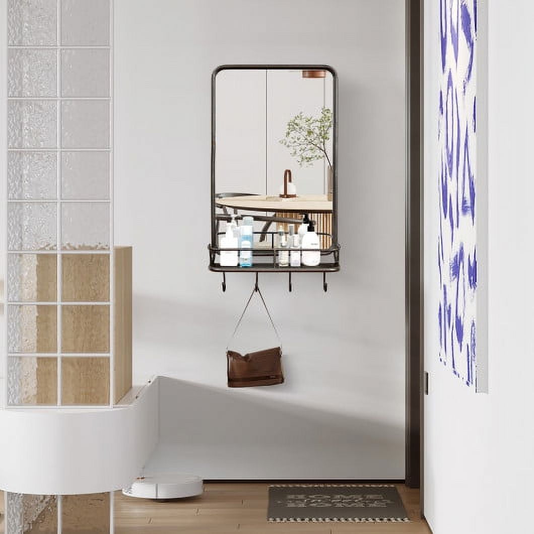 Wall Bathroom Mirror with Shelf Hooks Sturdy Metal Frame for Bedroom