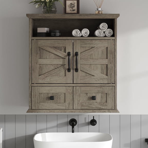 Wall Bathroom Storage, Bathroom Medicine Cabinet with Double Door Wall, Two Drawers, Adjustable Shelves, Gray