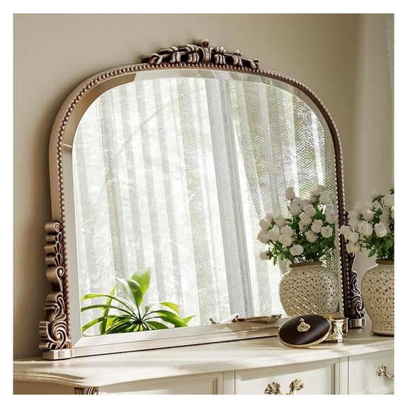 Wall Beaded Mirror, 44 x 32 Inch Round Top Right Angle Wall Mirror, Tempered Glass, Rust Resistant, Horizontally or Vertically Hanging, Silver