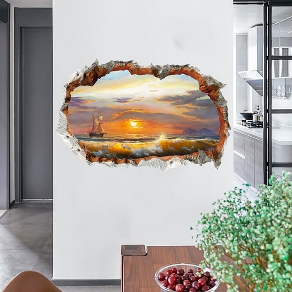 Wall Breaking 3D Effect Sea View Wall Stickers Waterproof Break Out Of The Wall Ocean Beach Landscape Wall Decals Sticker