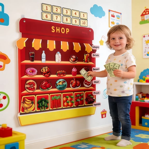 Wall Busy Board Felt Board for Wall with Grocery Store Pretend Play and Number Hobby, Red and Yellow, For, Toy