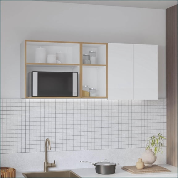 Wall Cabinet 59.1” W Two-Door with 4 Shelves & Drying Rack White-Natural Oak | Modern | Multi