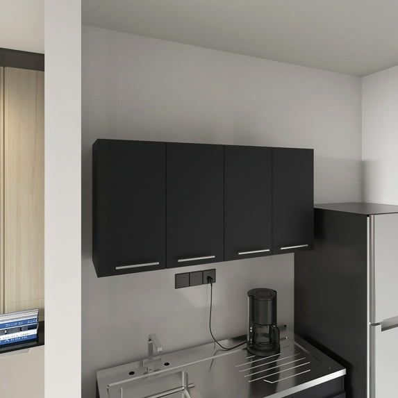 Wall Cabinet, Black, 4 Doors, 2 Spacious Compartments For Canned Goods Storage Kitchen Cabinet With Two Divisions And Four Industrial Style